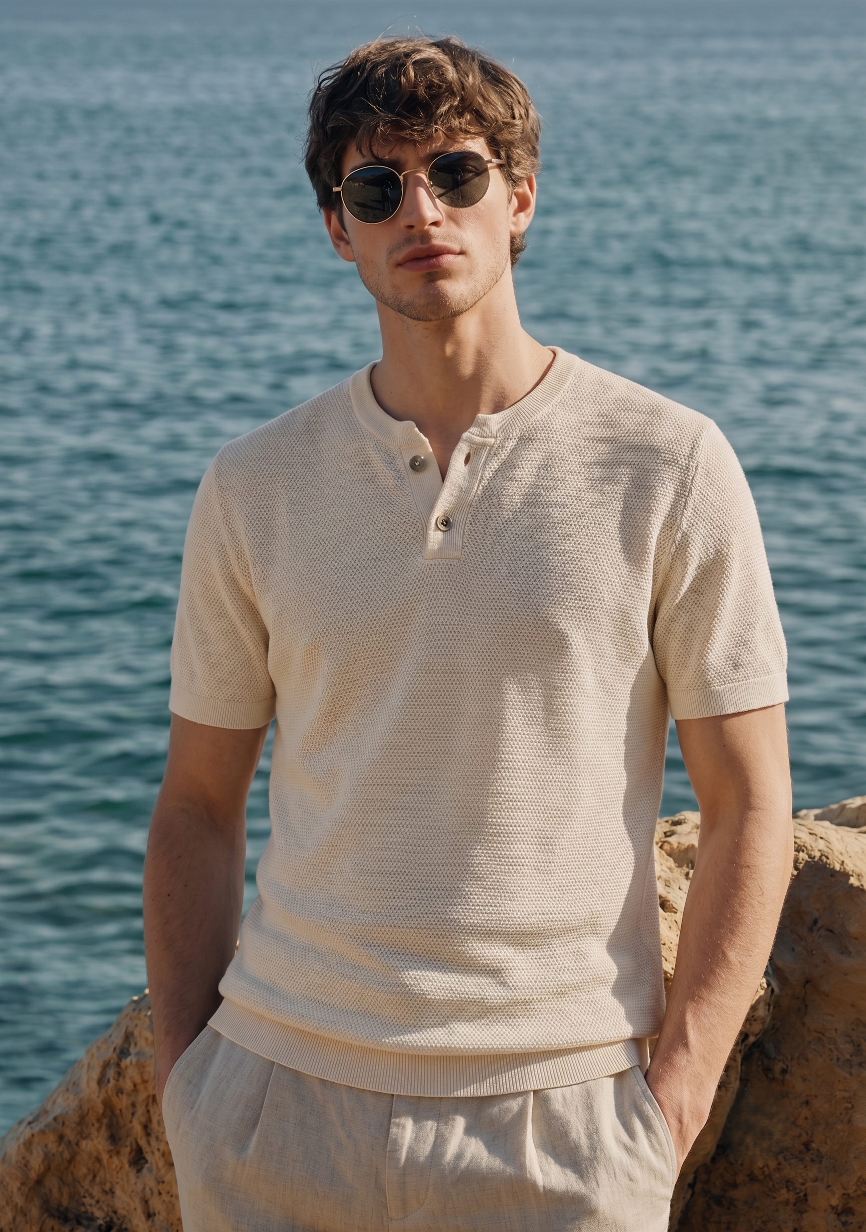 🌊 Playera Henley Tejida en Tono Crema