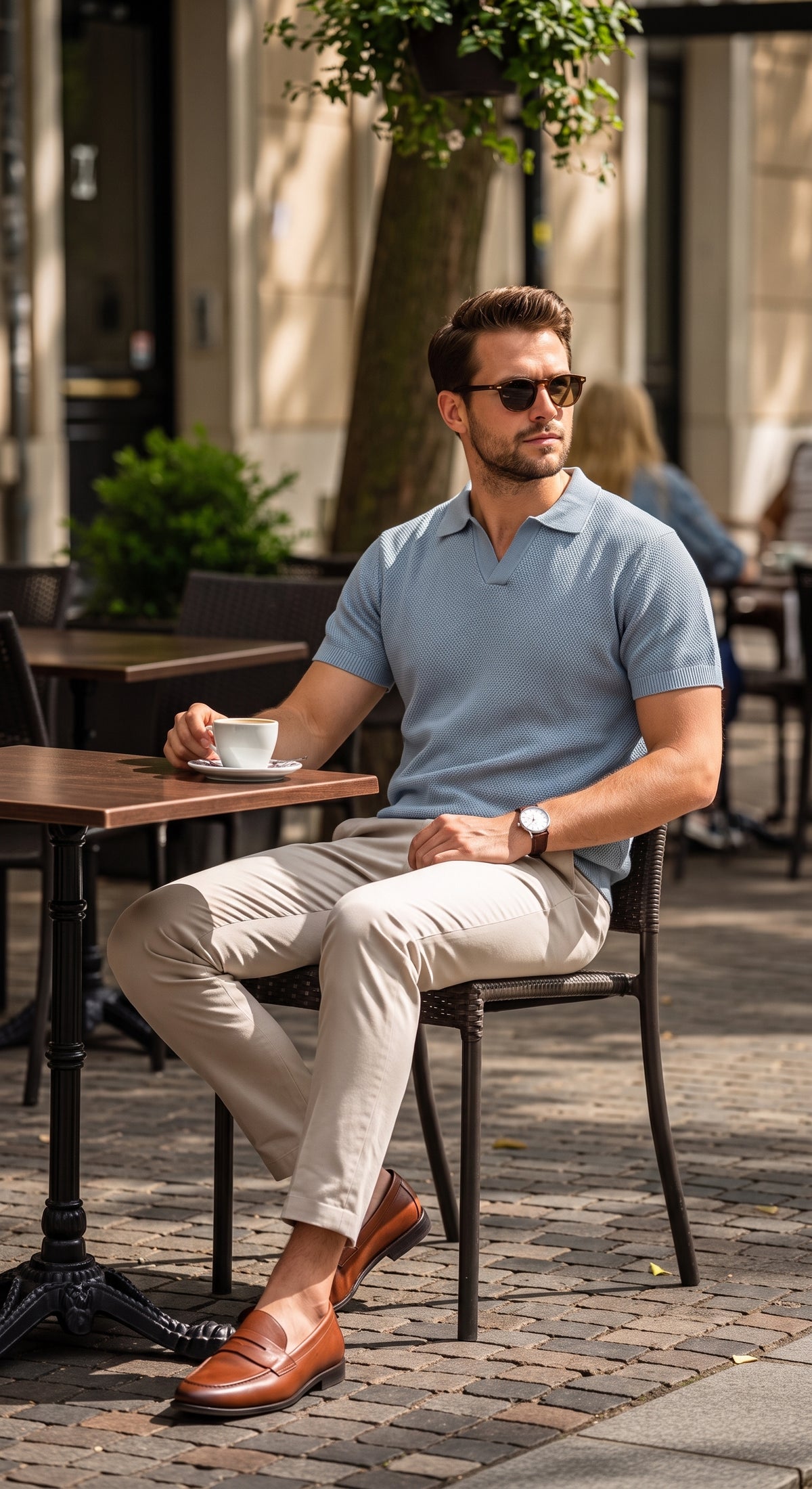 Playera Polo de Punto Tejida en Tono Celeste